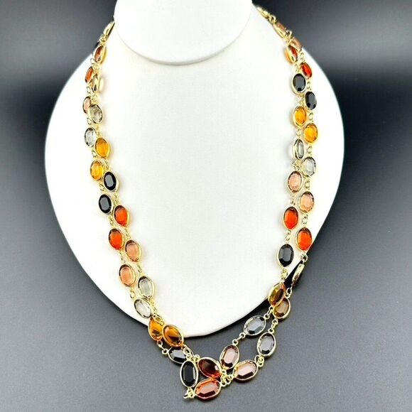Multi color Gold Tone Bevel set Glass Crystal Station Necklace - Picture 2 of 6